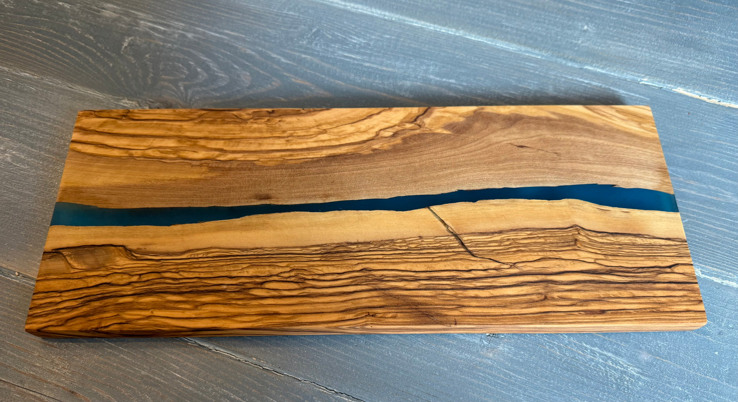 Olive Wood Rectangular Charcuterie Board with River of Blue Resin