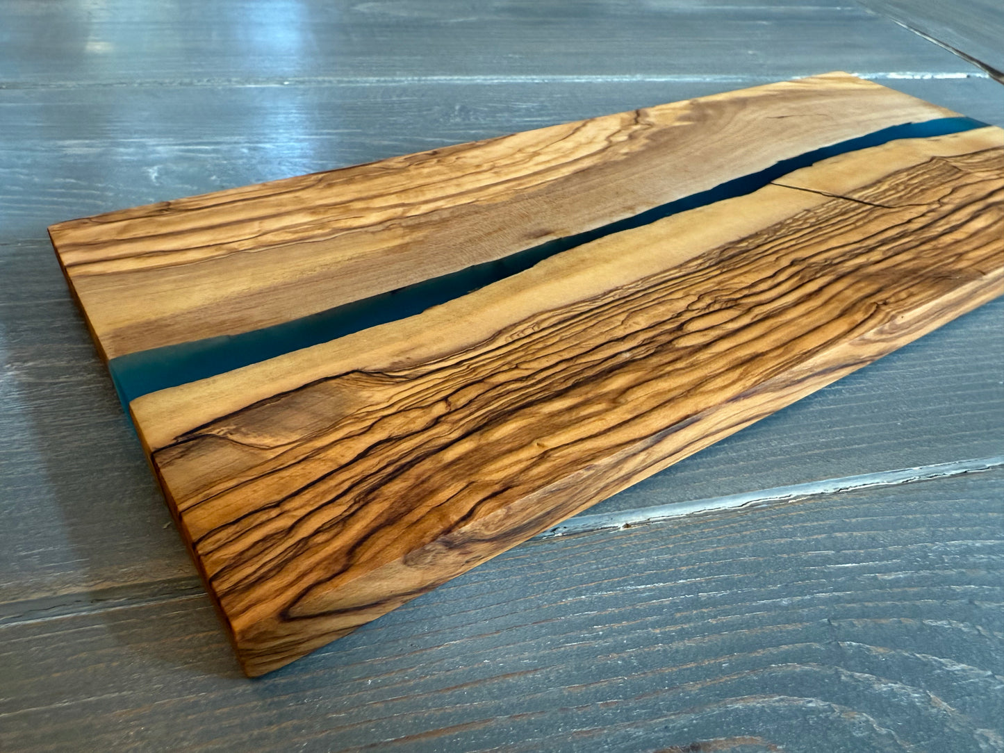 Olive Wood Rectangular Charcuterie Board with River of Blue Resin