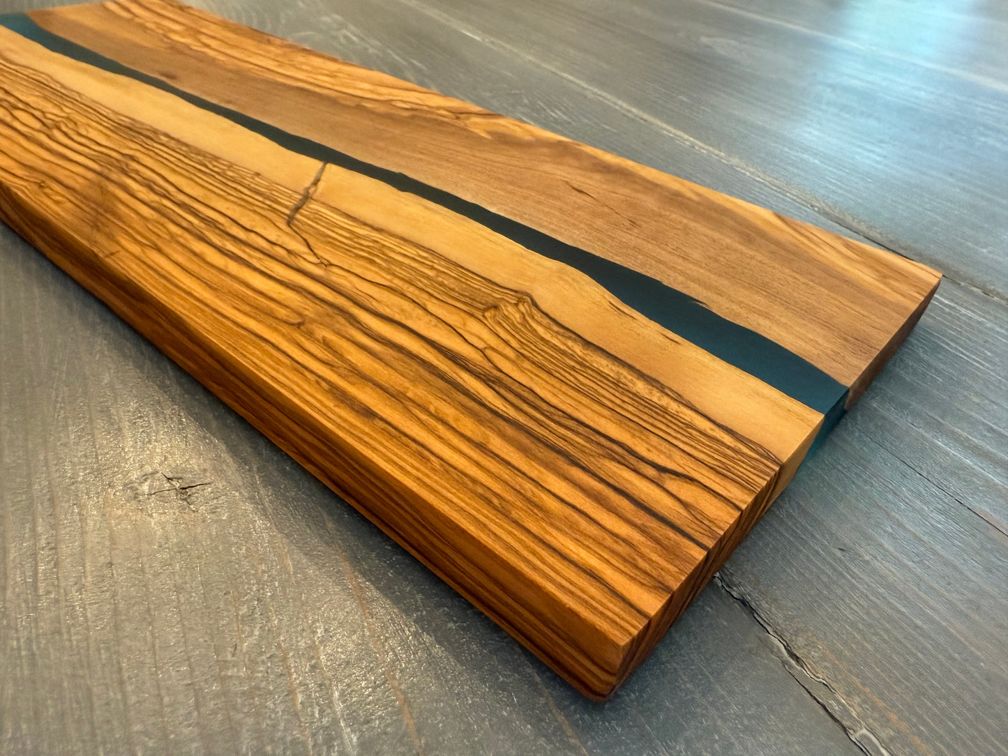 Olive Wood Rectangular Charcuterie Board with River of Blue Resin