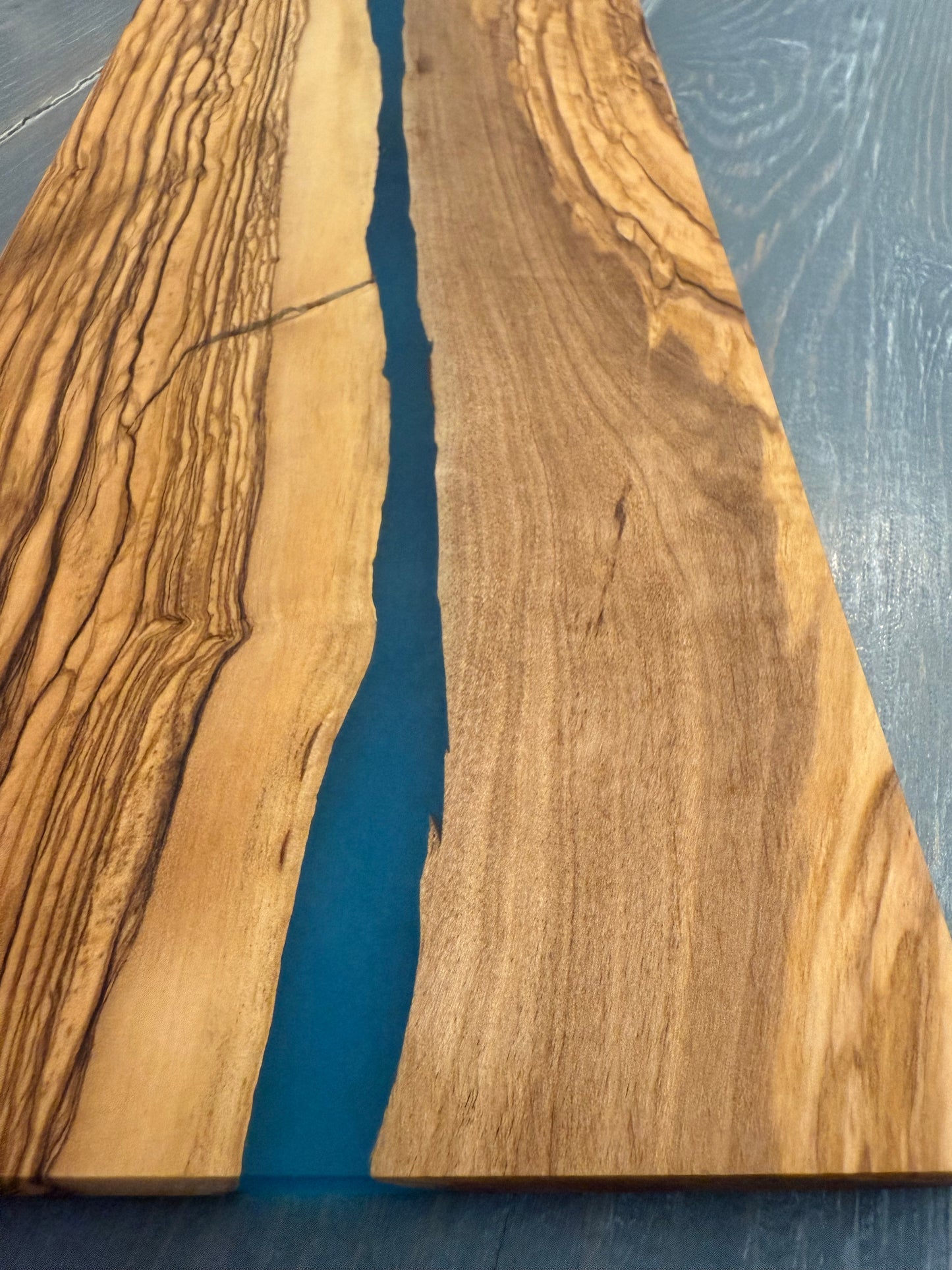 Olive Wood Rectangular Charcuterie Board with River of Blue Resin