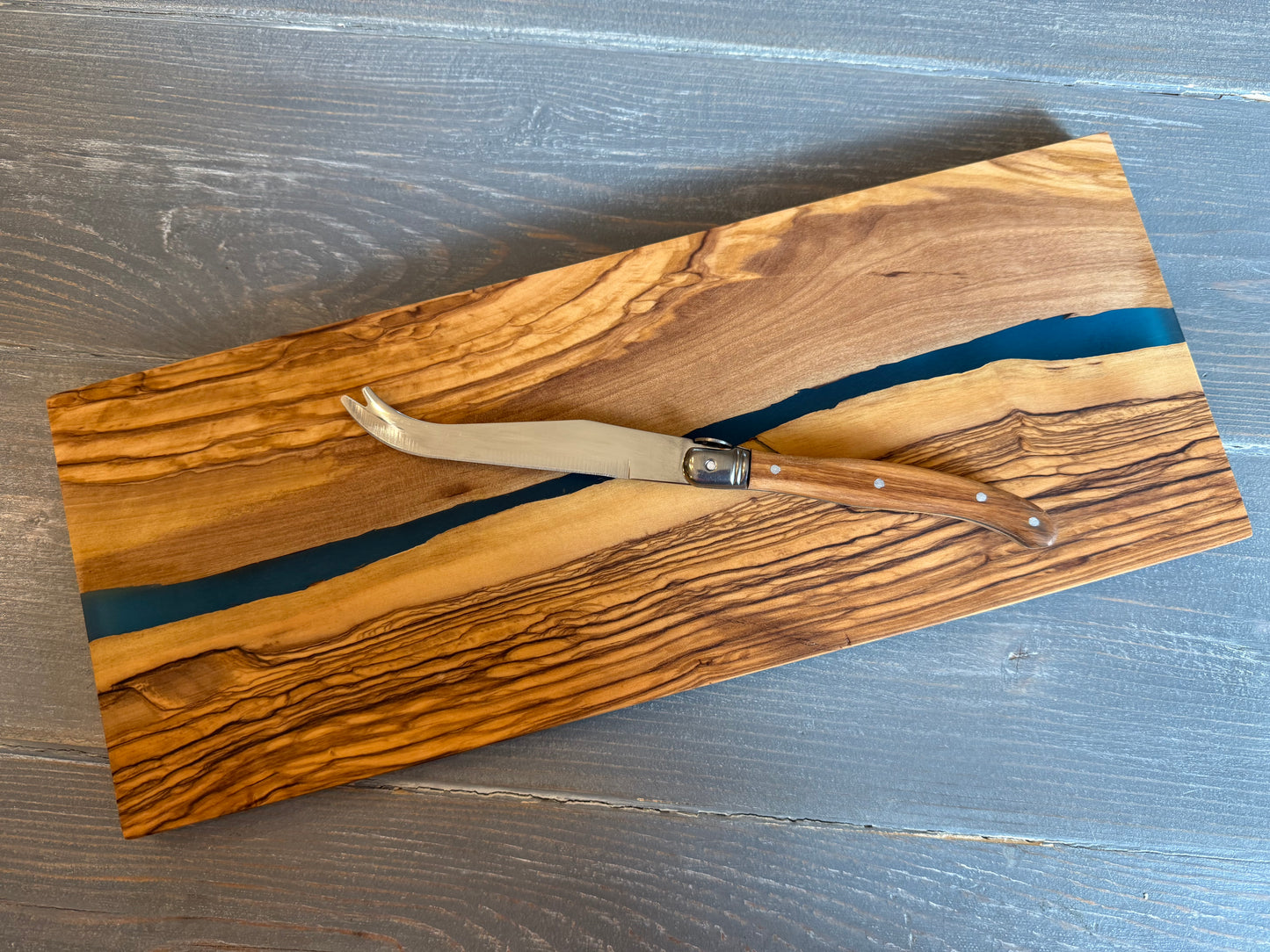 Olive Wood Rectangular Charcuterie Board with River of Blue Resin