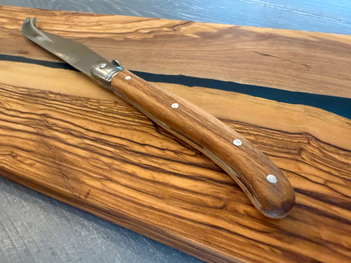Olive Wood Rectangular Charcuterie Board with River of Blue Resin