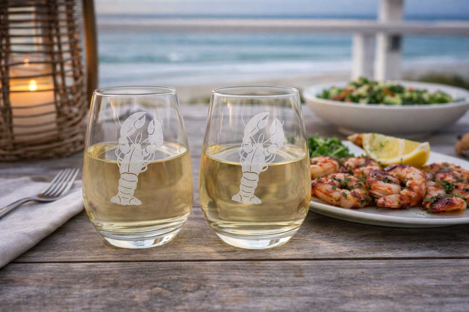 Salt & Tides Etched Lobster Stemless Wine Glass