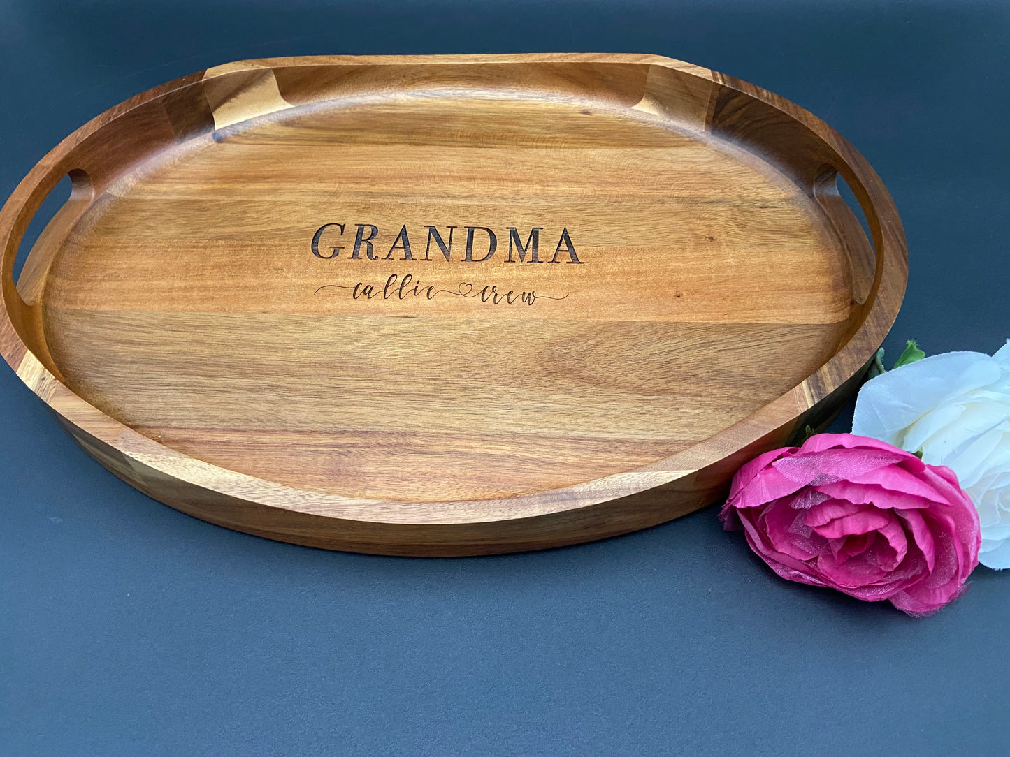 Acacia Wood Oval Tray with Handles