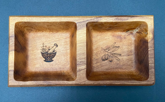 Olive Wood Double Square Dipping Bowl